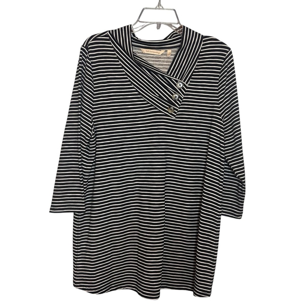 Soft Surroundings Striped Tunic Top L Black White Button Neck 3/4 Sleeve